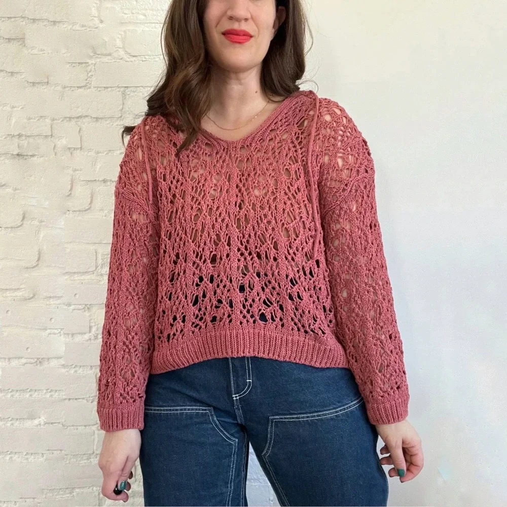 Zara Women's Pink Crochet Open‎ Knit Hooded Sweatshirt Size Small